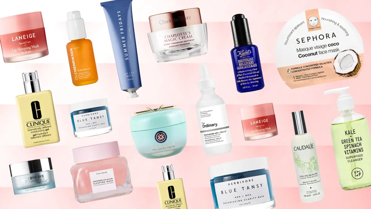 Skincare ingredient labels and bottles